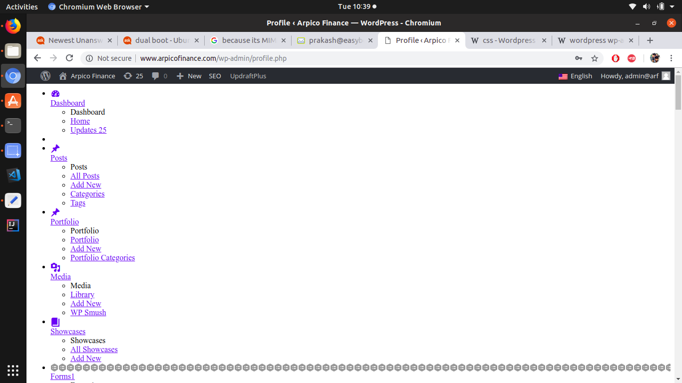 Schermata dashboard WordPress senza stili CSS