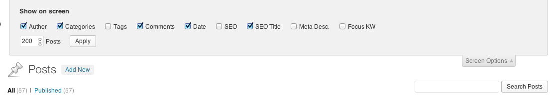 Изменение количества записей в настройках экрана WordPress