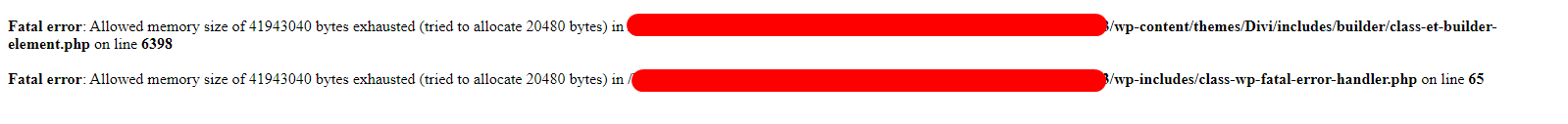 Captura de pantalla del error de memoria agotada en WordPress
