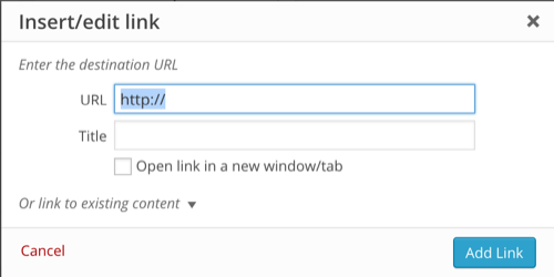 Exemplu fereastră inserare link TinyMCE