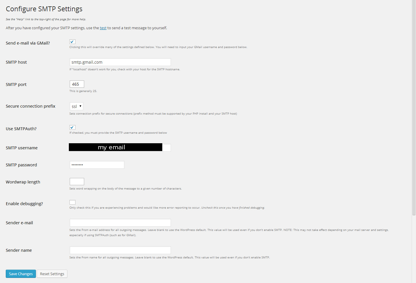 Impostazioni Configure SMTP