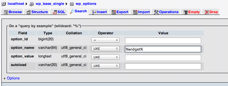 ricerca di widget nella tabella wp_options