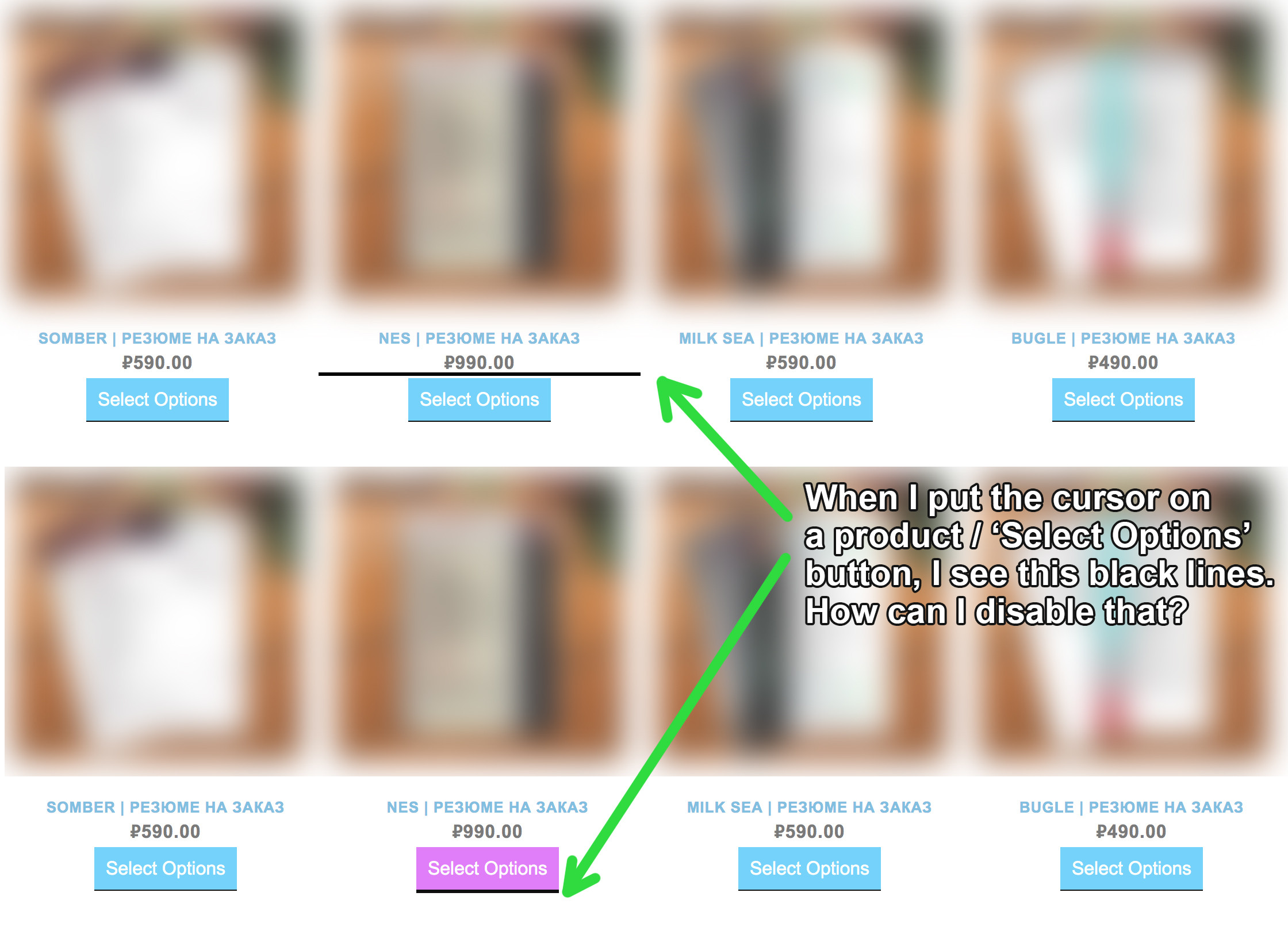 Sección de productos en WordPress con Elementor mostrando efecto hover