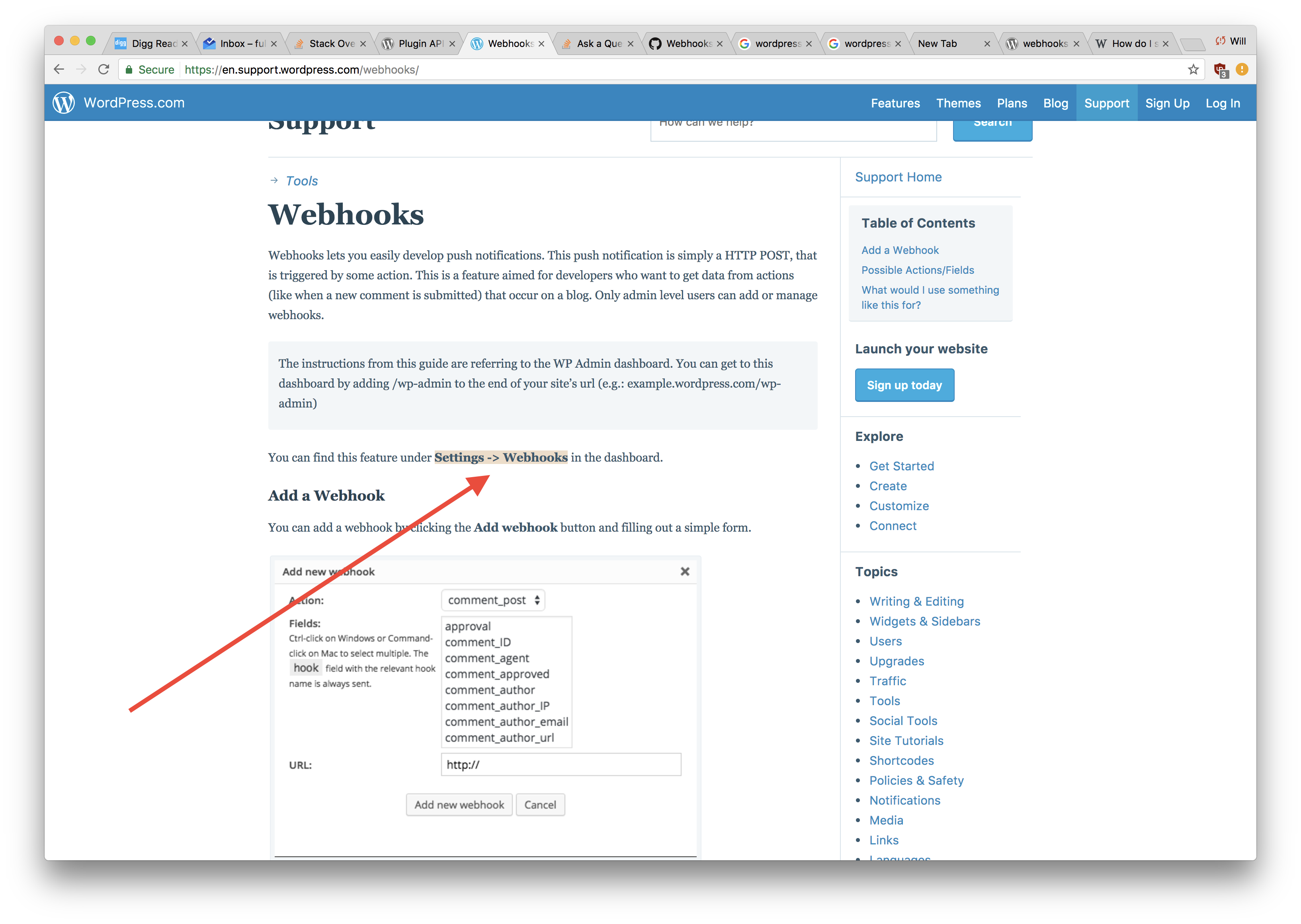 Captura de pantalla de la documentación de WordPress sobre webhooks