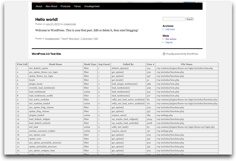 Screenshot del plugin Instrument Hooks for WordPress in azione