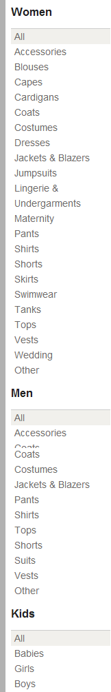 Lista delle categorie