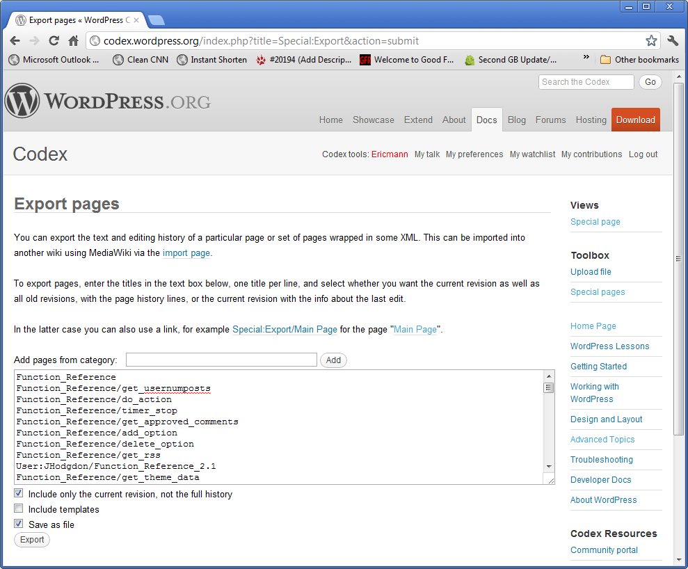 Codex con páginas de Function Reference preseleccionadas