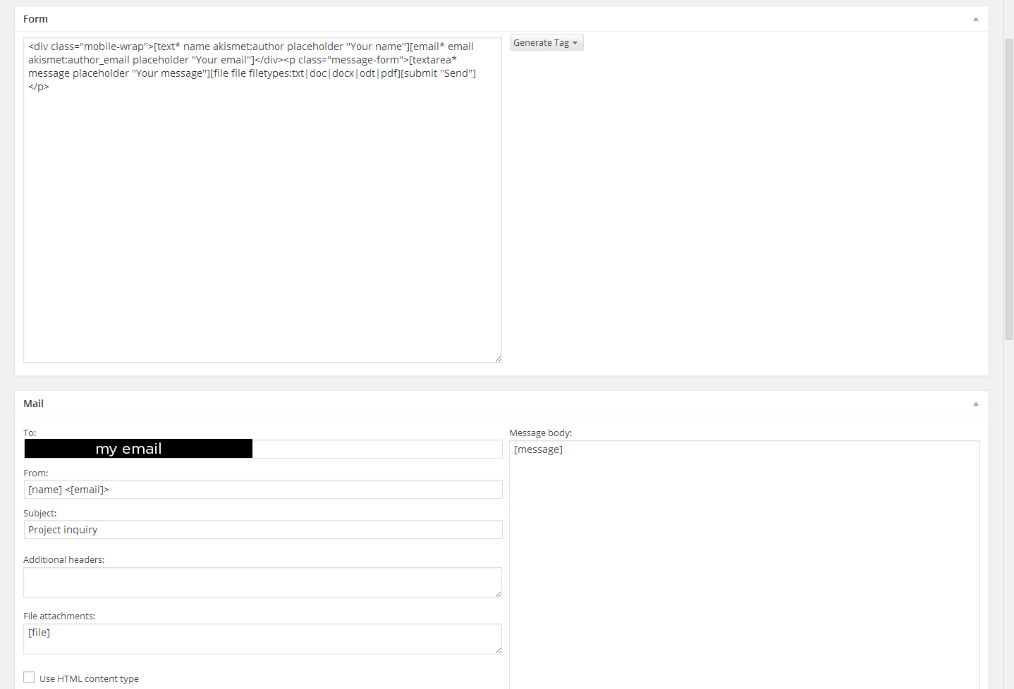 Impostazioni Contact Form 7