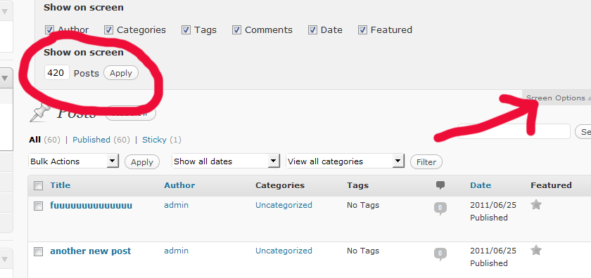 Opciones de pantalla en WordPress mostrando la configuración de 'Mostrar en pantalla'