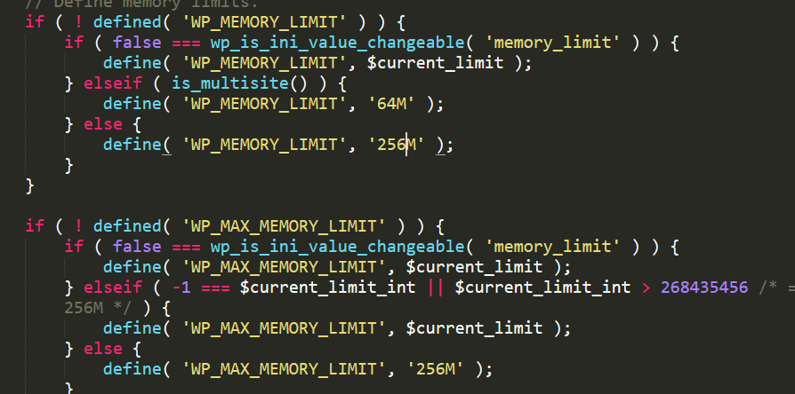Captura de pantalla de la configuración de memoria en WordPress