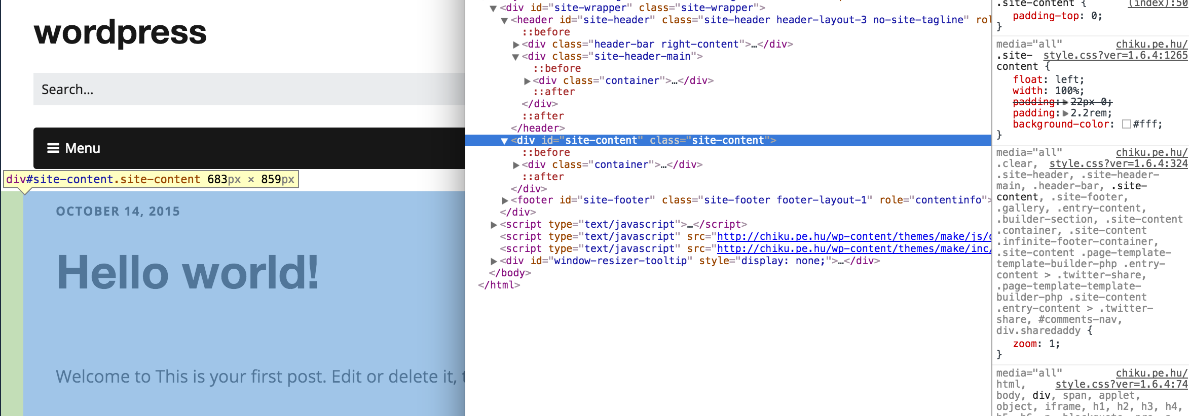 Captură de ecran arătând padding-ul pe .site-content