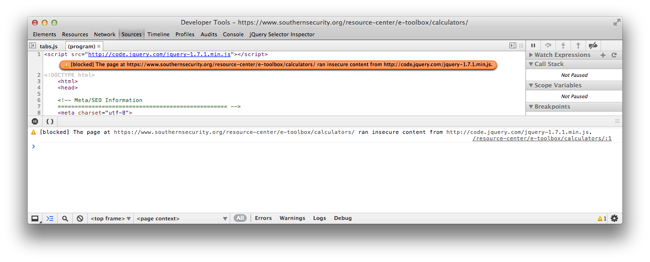 Herramientas de desarrollo de Chrome mostrando error de carga de jQuery