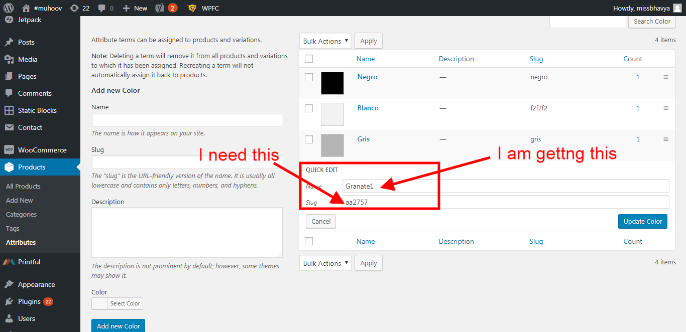 Captura de pantalla mostrando el código WooCommerce para obtener atributos de producto