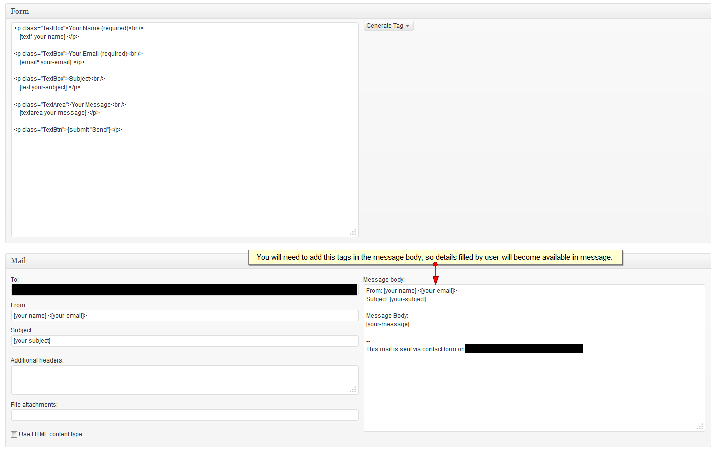 aggiorna le impostazioni nel corpo del messaggio per visualizzare nome e email dal modulo