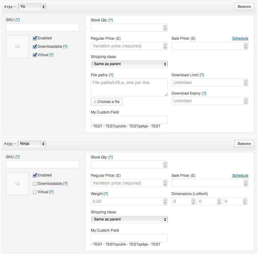 captura de pantalla del backend de WooCommerce mostrando post meta
