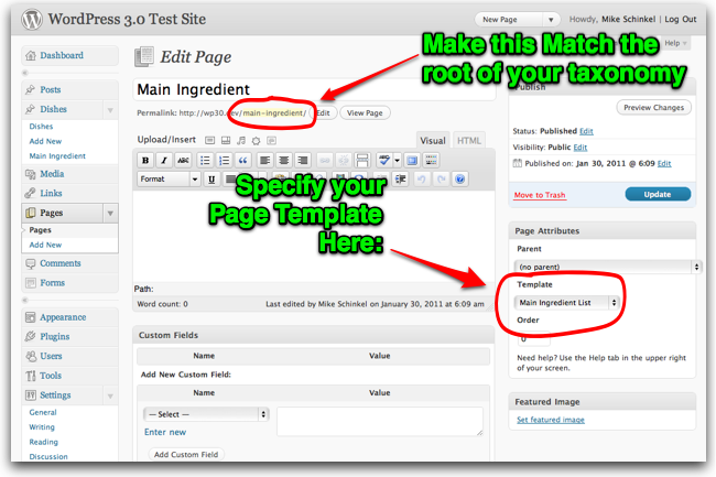 Screenshot che mostra dove impostare il Template di Pagina in WordPress