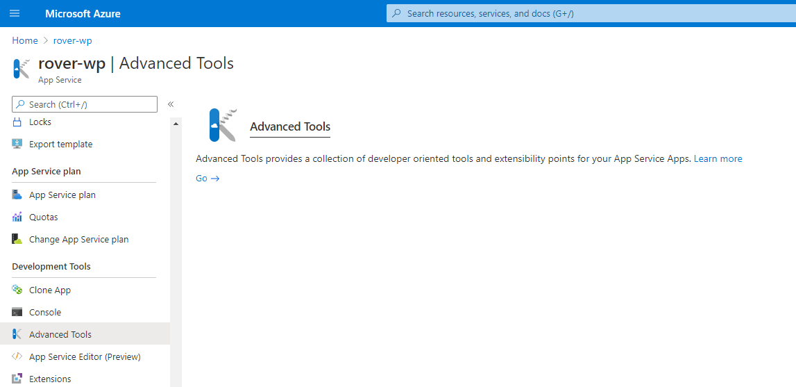 Навигация в портале Azure к ресурсу WordPress