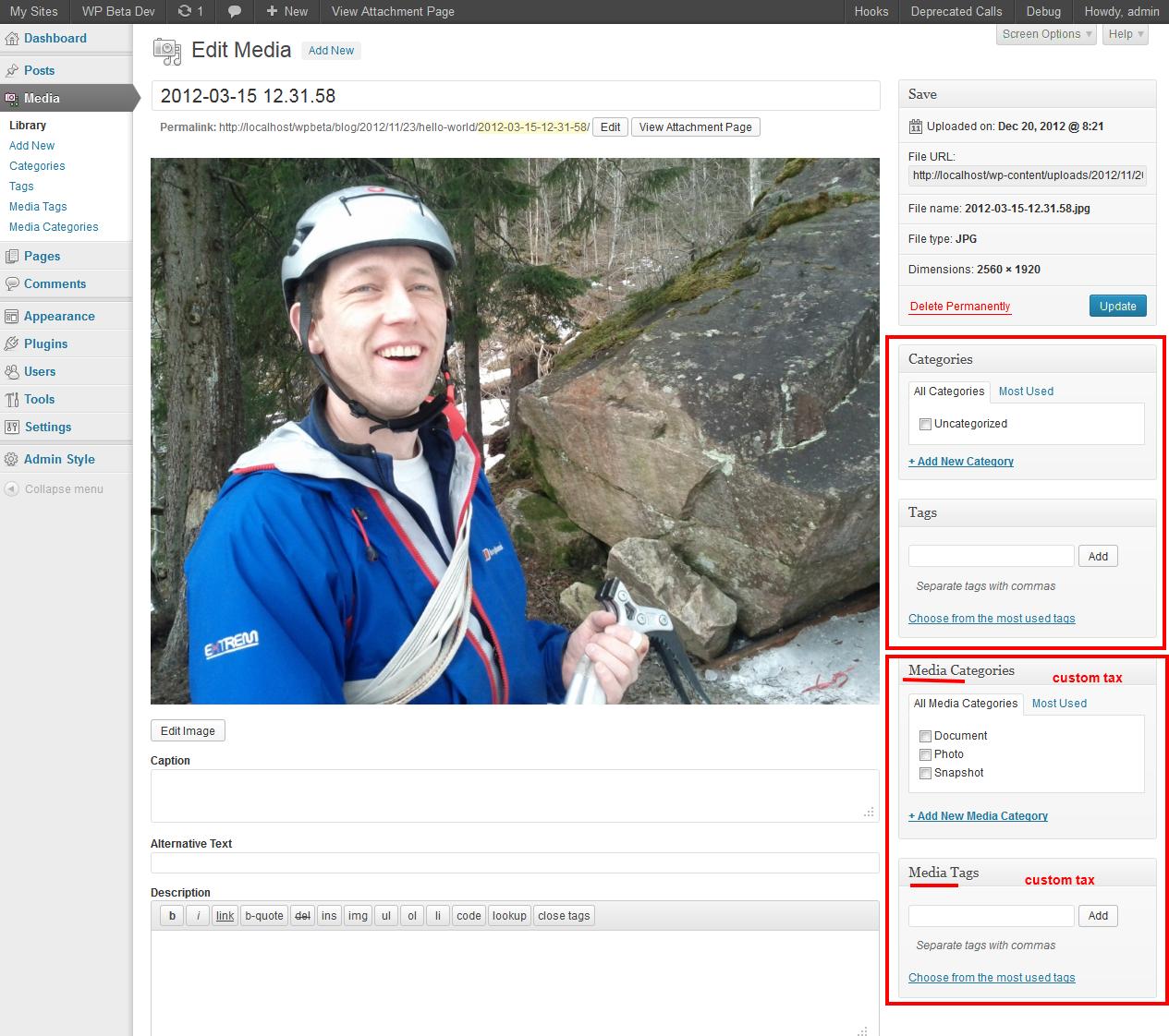 Screenshot della modifica media nell'interfaccia utente predefinita del post type con WP 3.5