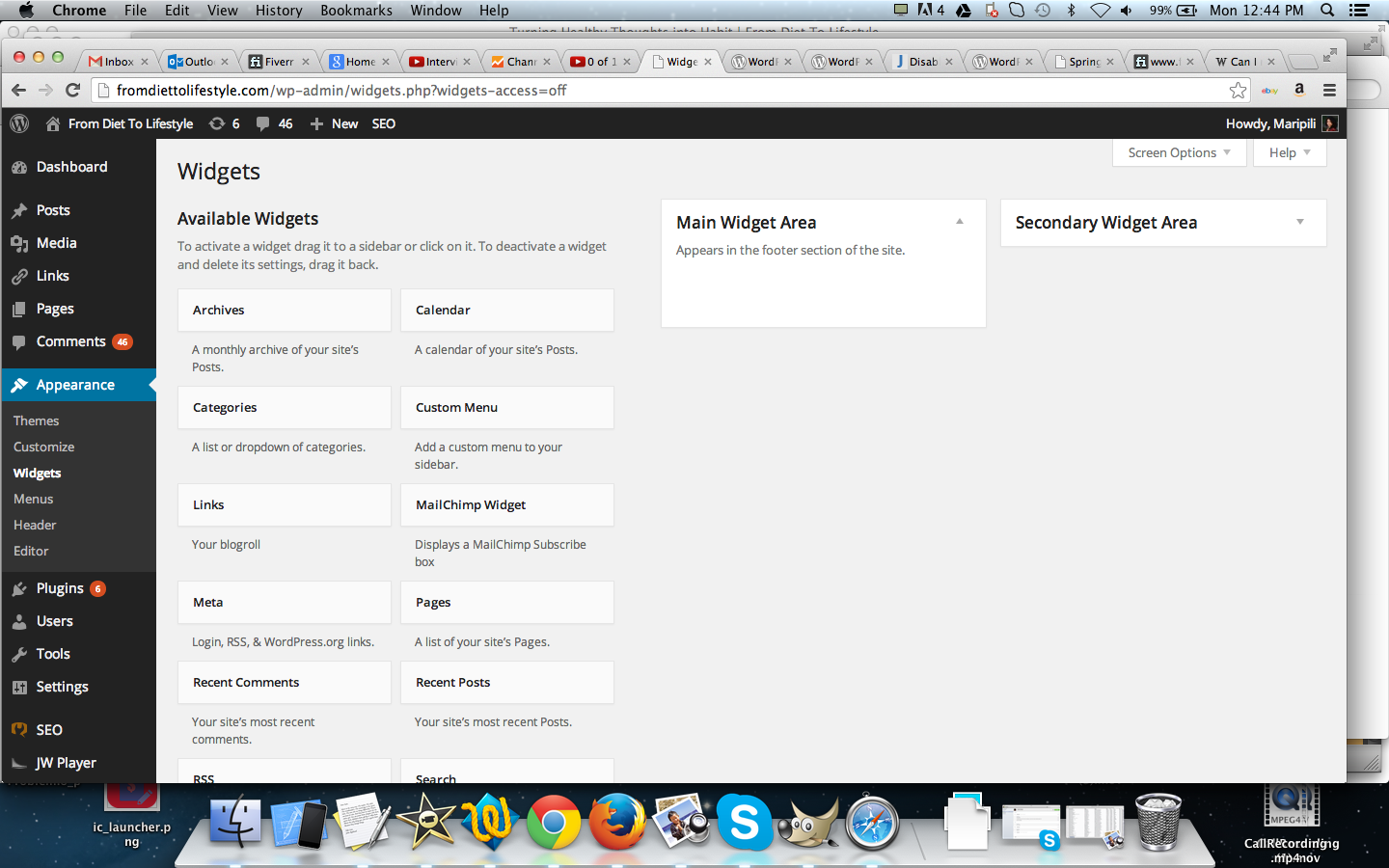 Captura de pantalla de la configuración de widgets de WordPress