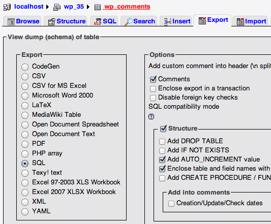 esporta mysql