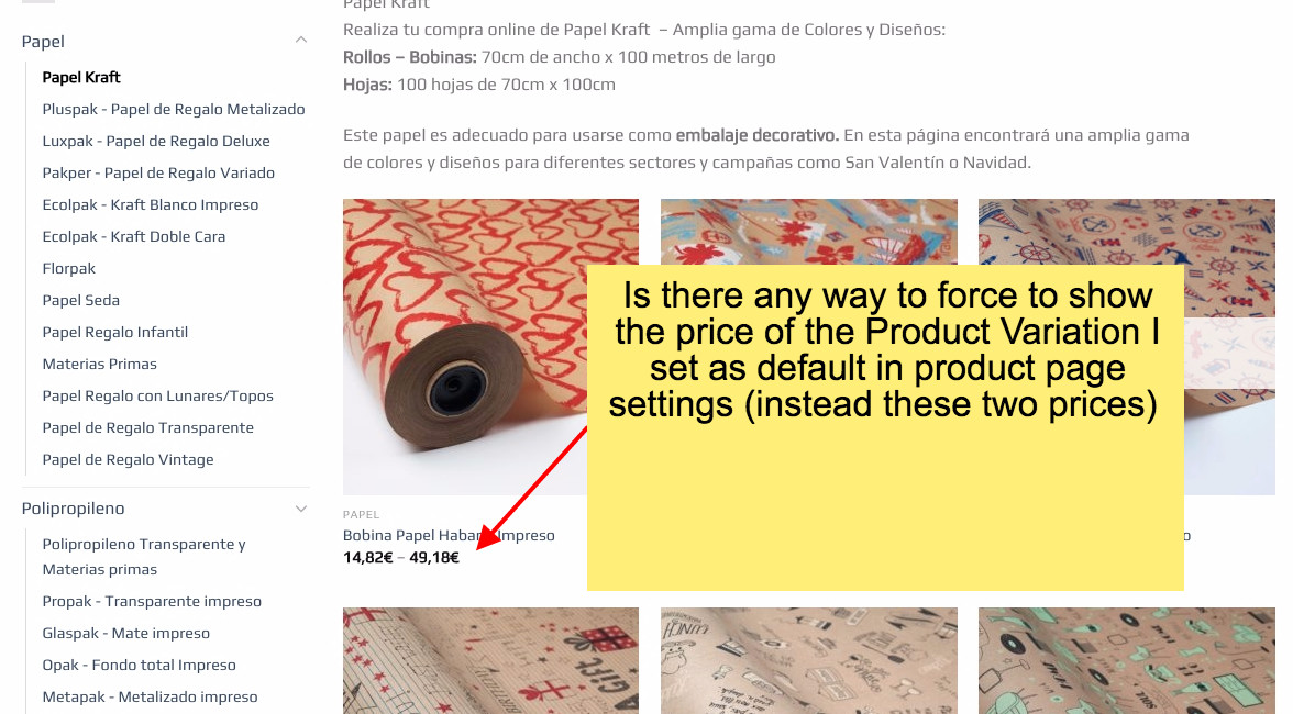 Ejemplo de visualización de precios de variación en WooCommerce