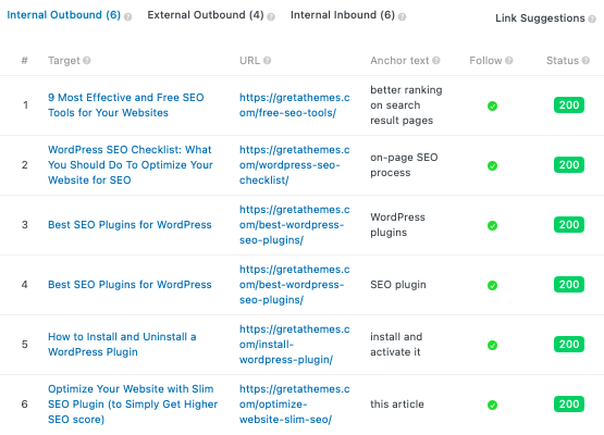 Captura de pantalla del plugin Slim SEO Link Manager mostrando enlaces internos