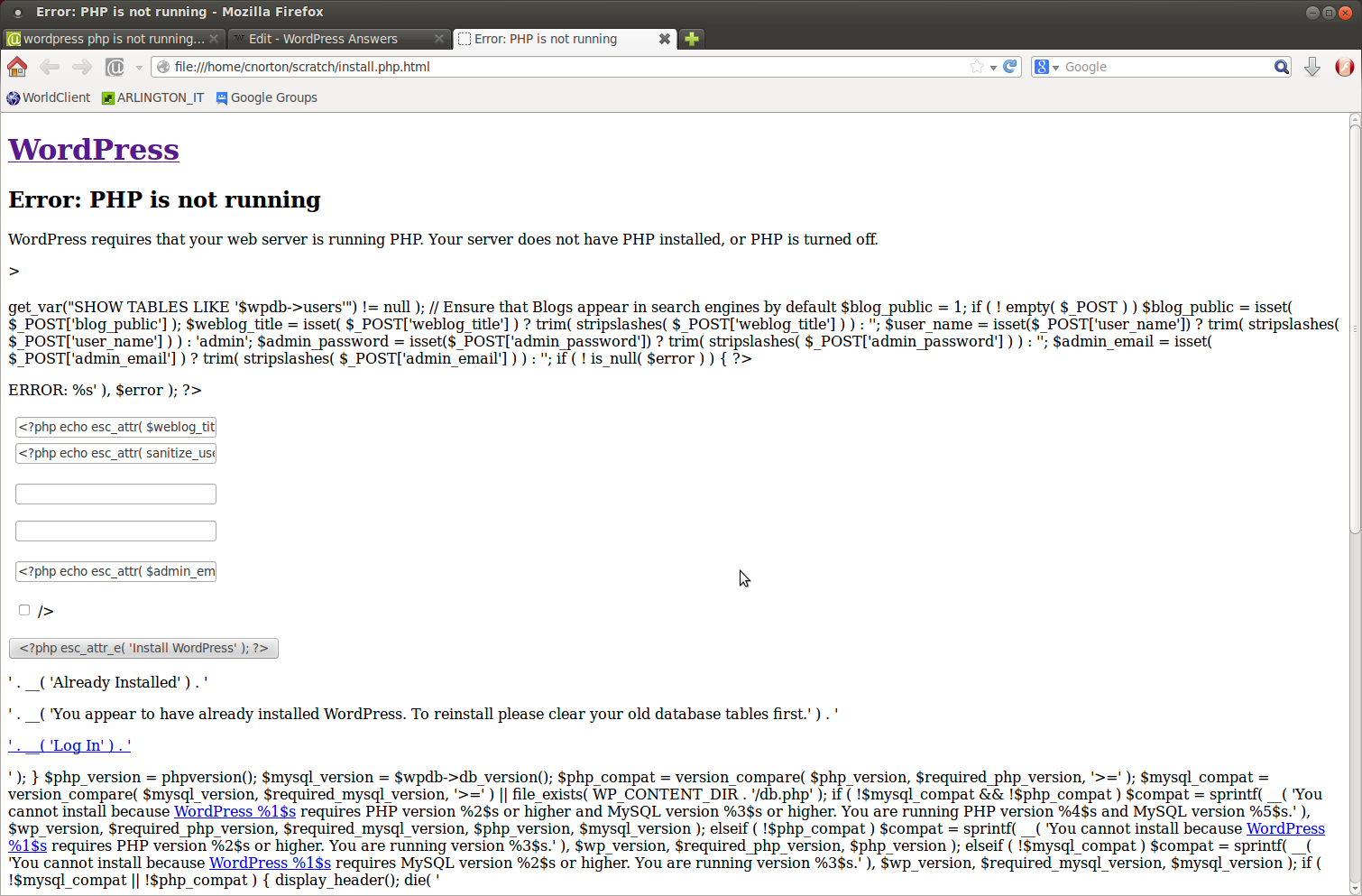 Schermata dell'errore di installazione WordPress