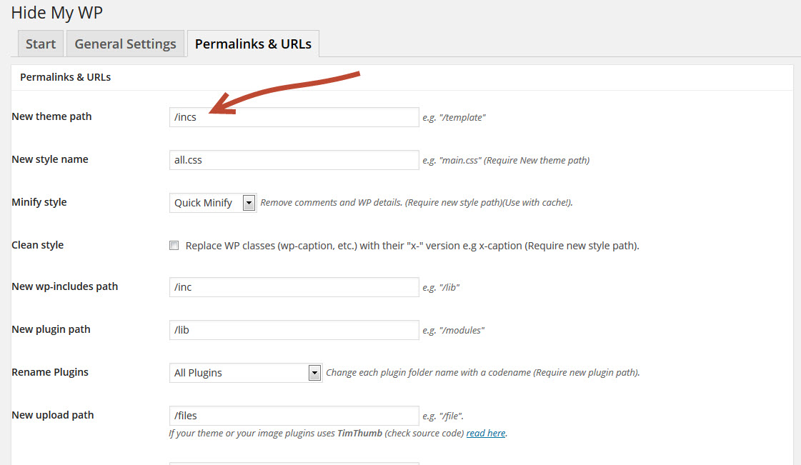Modifica il percorso del tema in Permalinks & urls impostando /incs