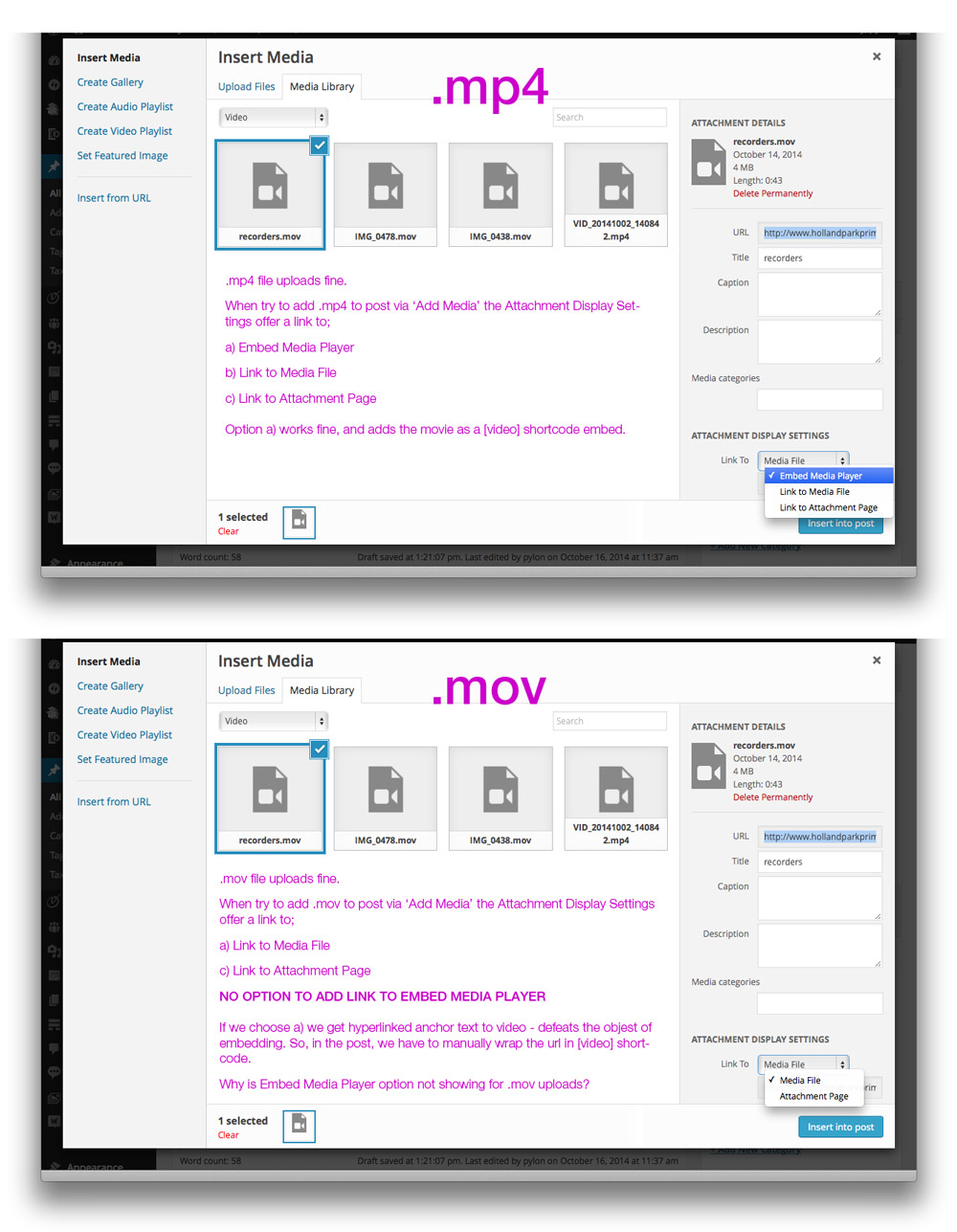 Screenshot del problema di embed .mov in WordPress