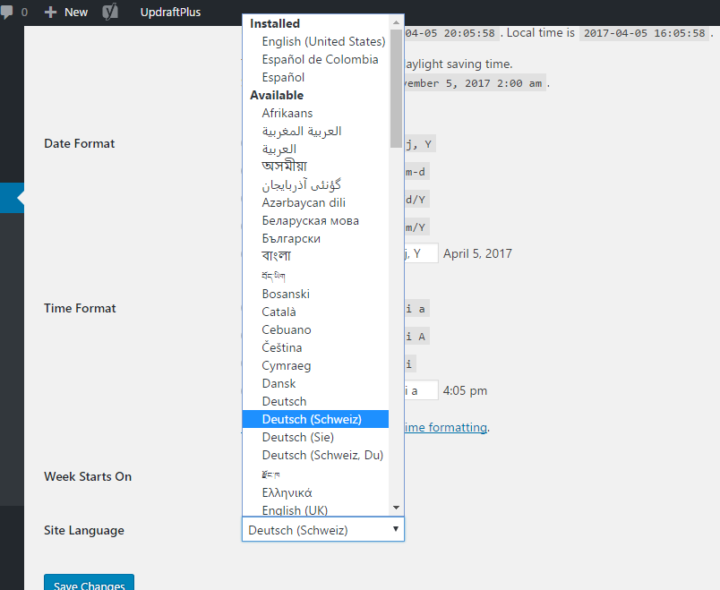 Schermata delle lingue installate in WordPress