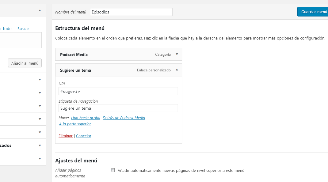 Configuración de menú en WordPress mostrando cómo añadir un enlace de anclaje